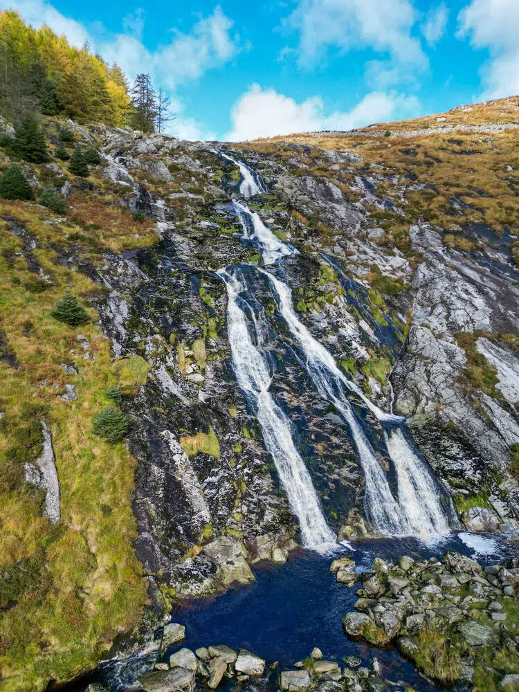 Glenmacnass Waterfall cascading through the Wicklow Mountains